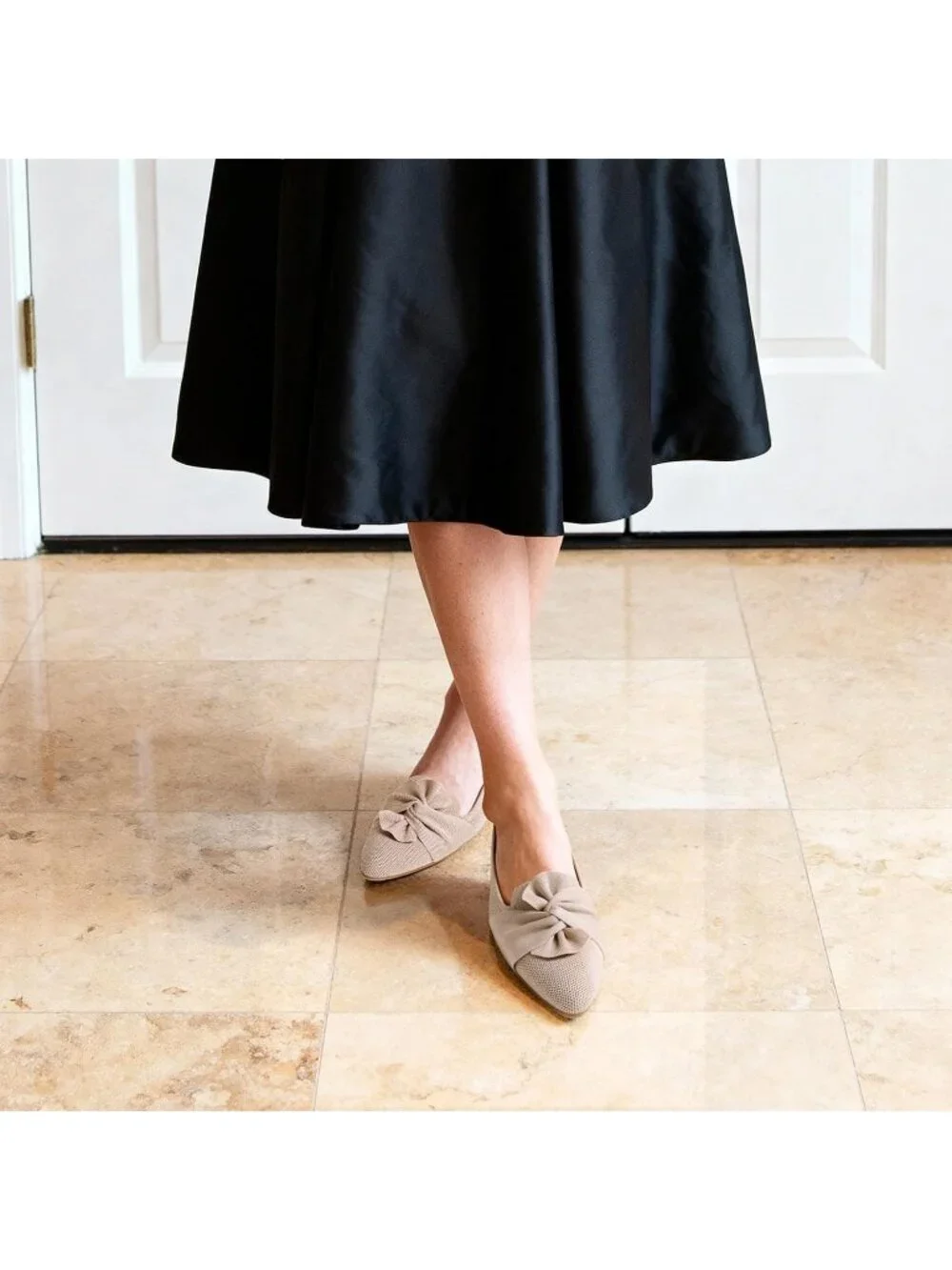 Women's Nude Foldable Bow Pointed Toe Ballet Flats Knit Cushioned Comfort Shoes